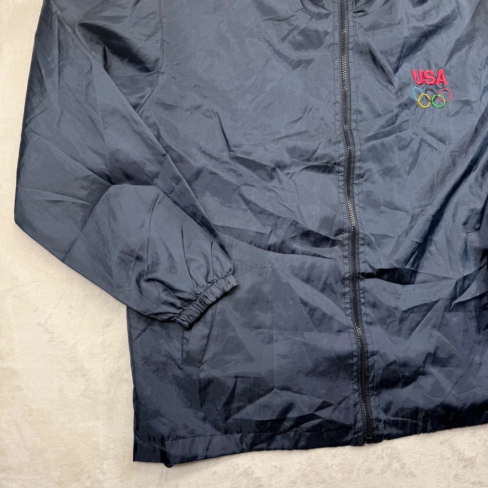 USA Olympics Windbreaker Jacket Mens XL Navy Blue Mesh Lined Full Zip Vintage